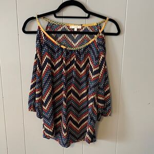 Glam Navy Printed Cold Shoulder Blouse Size Small